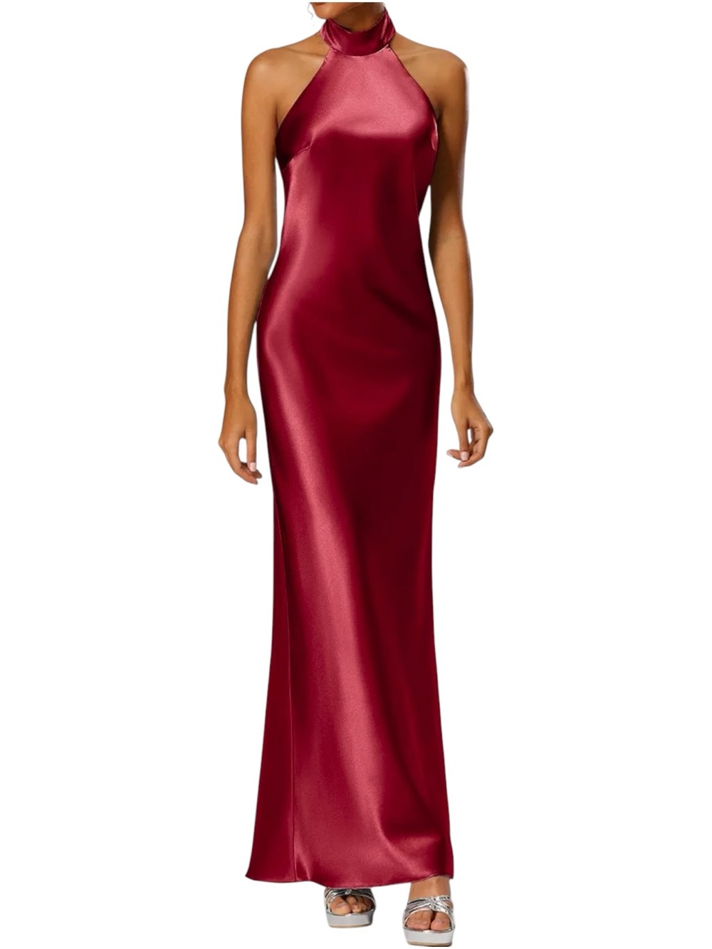 AW Bridal Dark Cherry Red Satin Halter Maxi Dress NWOT Size 6